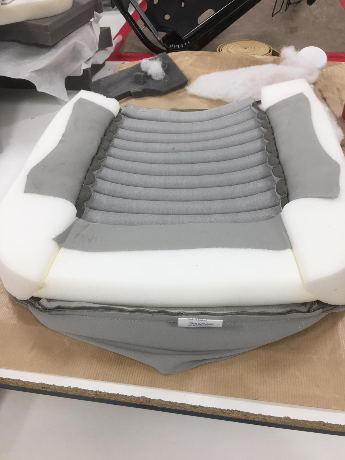 1973 TR6 Kath MadeWebbingStrapsAndAttachedToFrame AddFoamIntoCoverAndBaseCover PadOutAndShapeWithFoam11 1