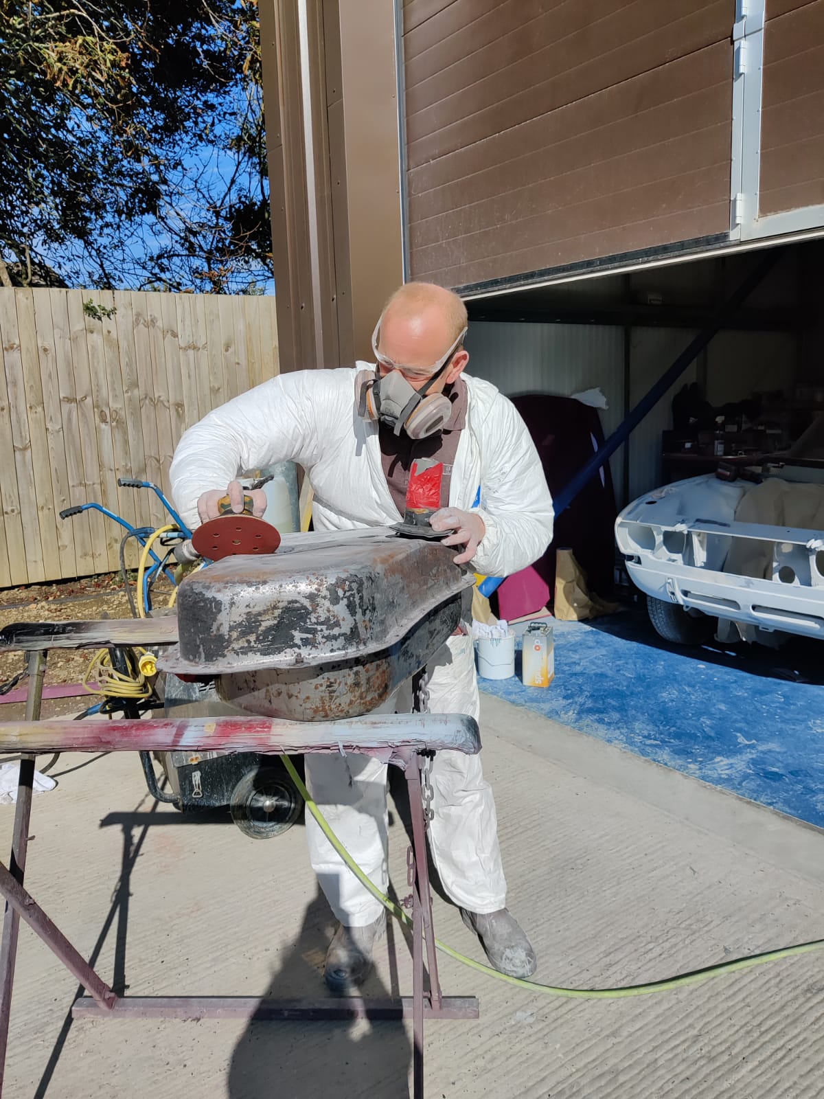 Sanding Peugeot 504 fuel tank Darren Paintshop 3 1