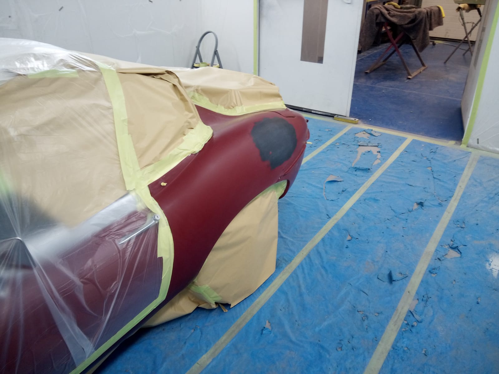 22032021 Matt Maroon Jaguar Etype dent fixed and painted 5 1