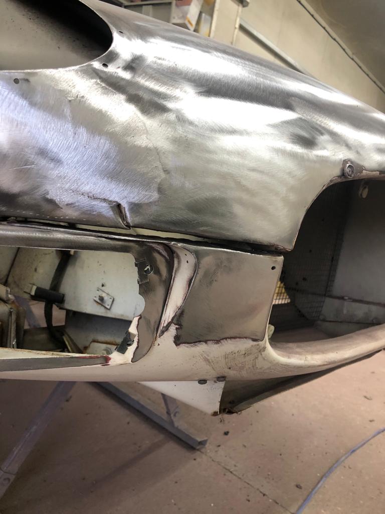 31.03.2021 1973 White Jaguar E Type bonnet stripped and bumper welded 22 1