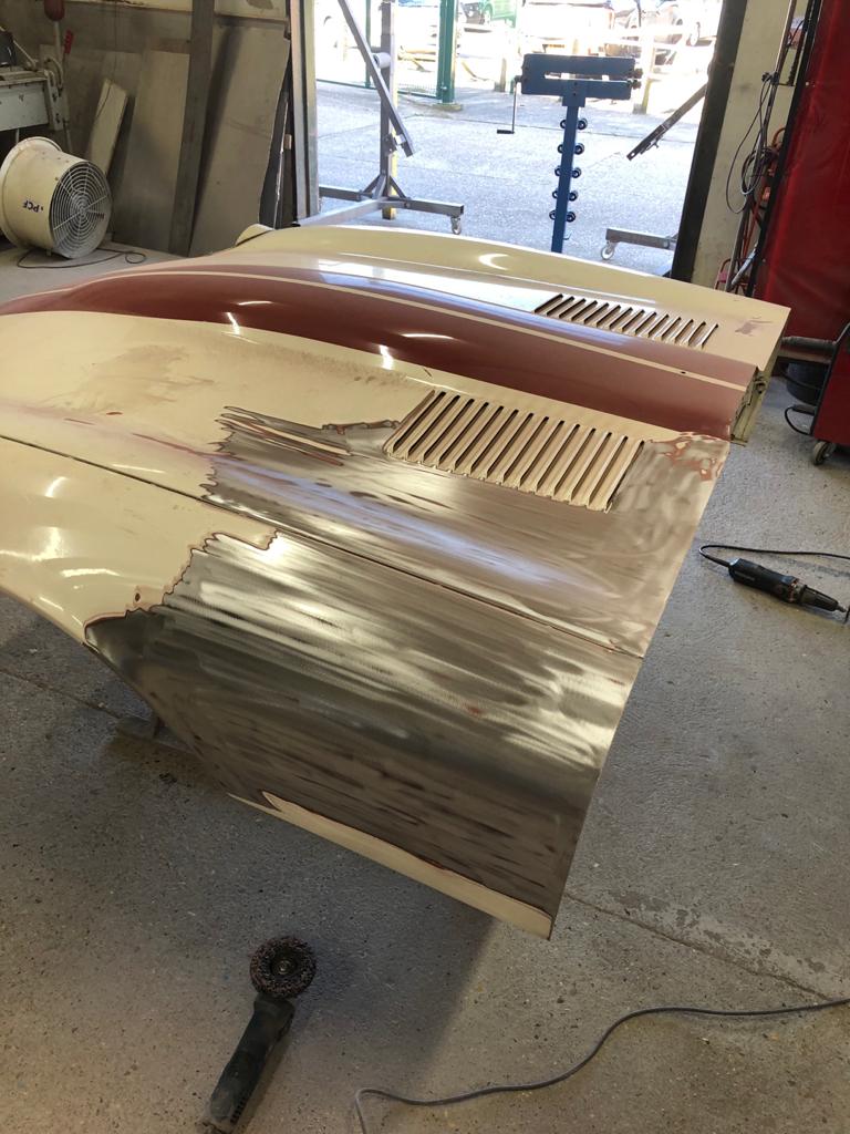 31.03.2021 1973 White Jaguar E Type bonnet stripped and bumper welded 4 1