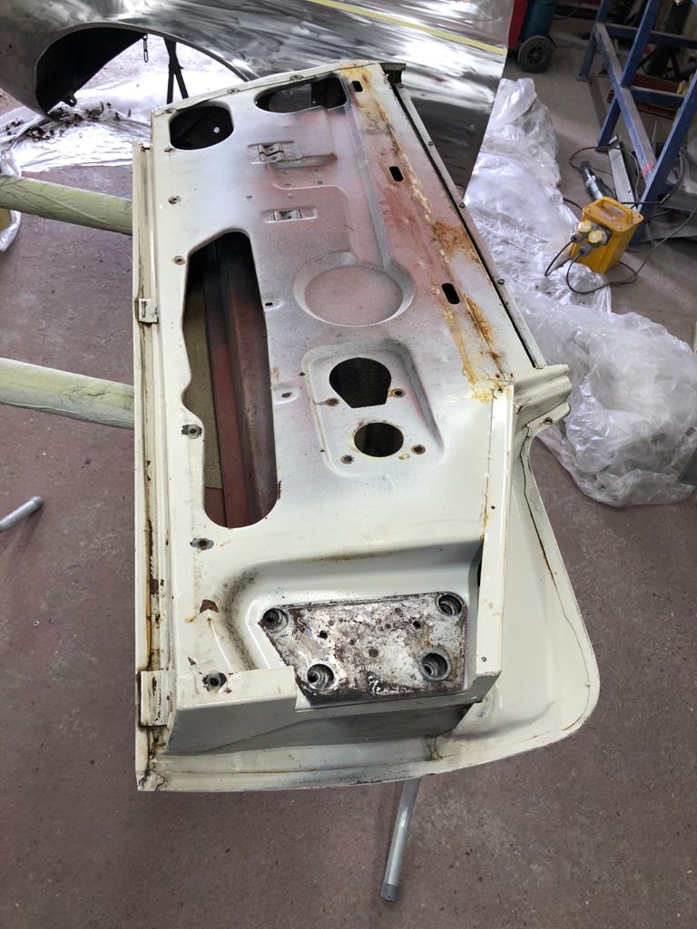 31.03.2021 1973 White Jaguar E Type bonnet stripped and bumper welded 6 1