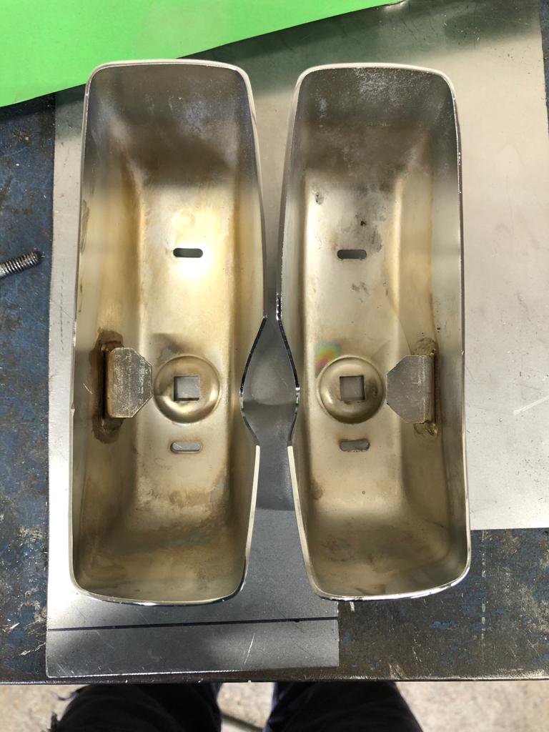 26052021 White jaguar etype roadster inconsistencies in the front over riders that needed addressing to obtain symmetry and leading the spot welded joints on the shell 24 1