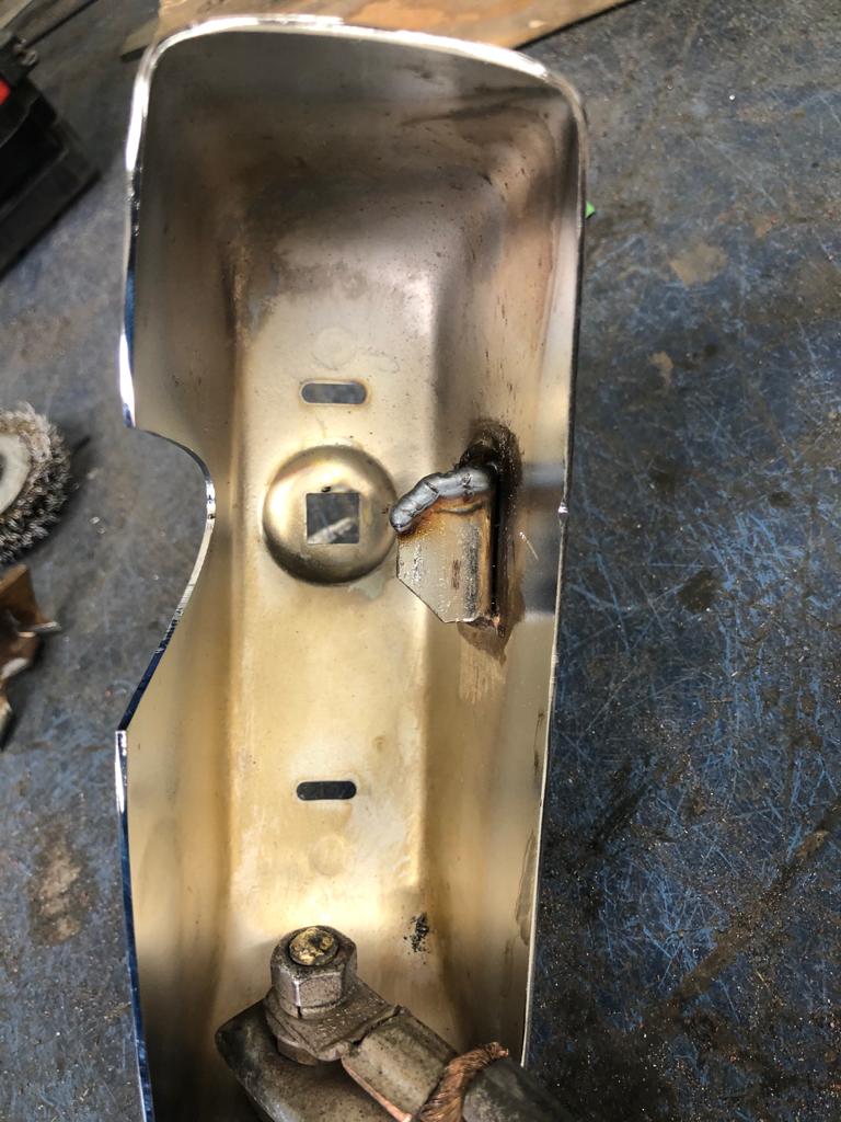 26052021 White jaguar etype roadster inconsistencies in the front over riders that needed addressing to obtain symmetry and leading the spot welded joints on the shell 25 1