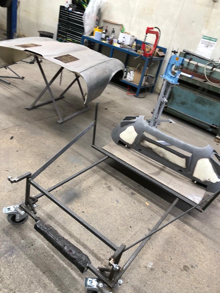 26052021 White jaguar etype roadster inconsistencies in the front over riders that needed addressing to obtain symmetry and leading the spot welded joints on the shell 28 1