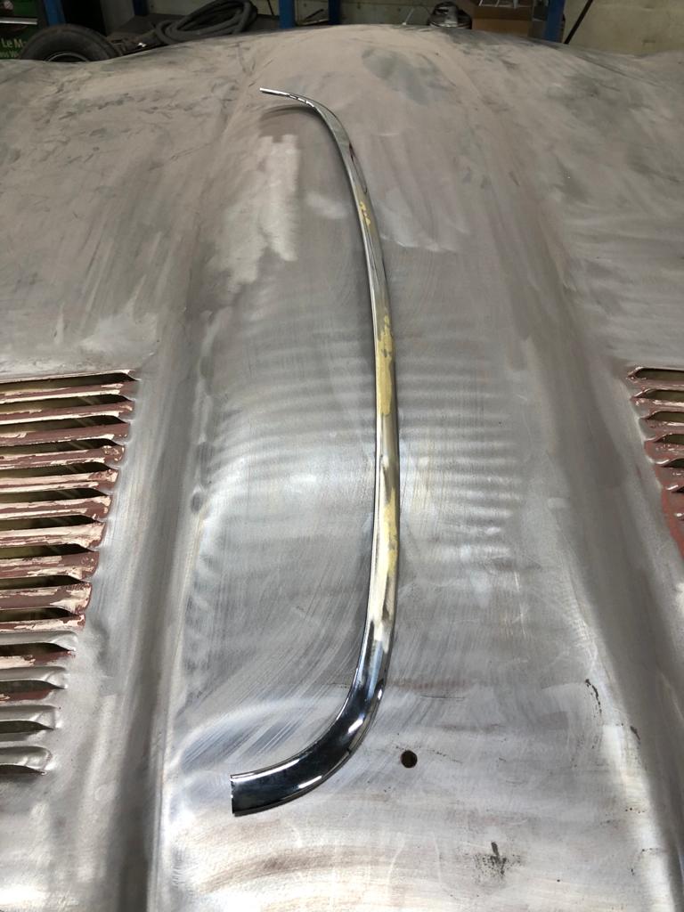 26052021 White jaguar etype roadster inconsistencies in the front over riders that needed addressing to obtain symmetry and leading the spot welded joints on the shell 29 1