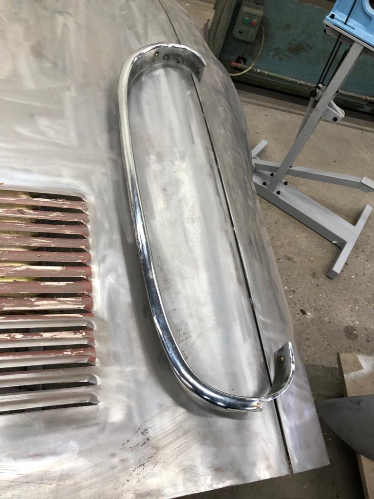 26052021 White jaguar etype roadster inconsistencies in the front over riders that needed addressing to obtain symmetry and leading the spot welded joints on the shell 33 1