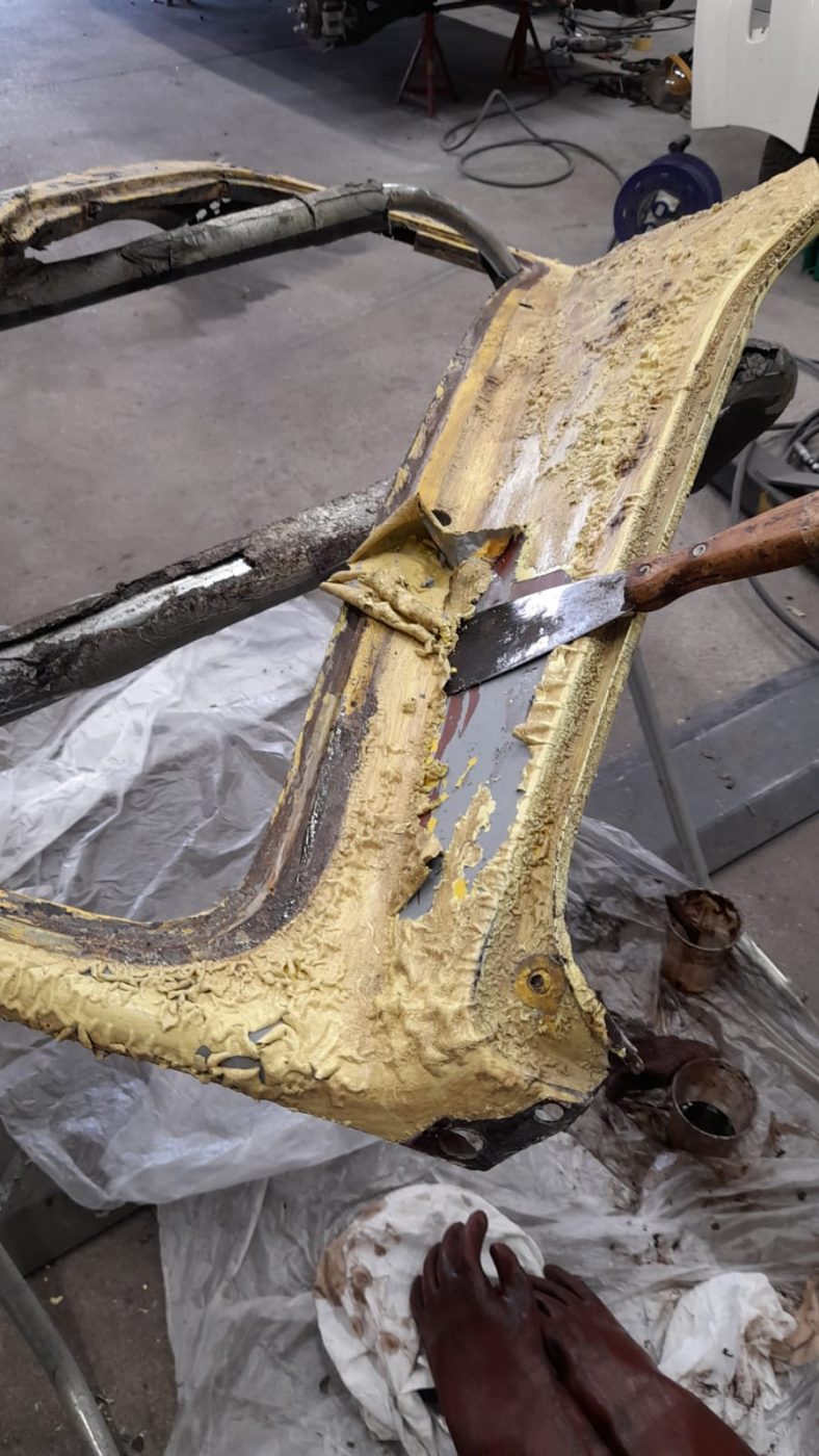 02072021 Riley Yellow Paint stripping the front windscreen surround panel 3 1