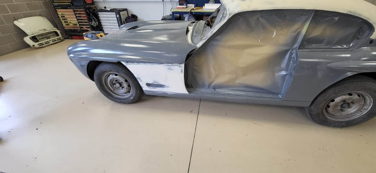 250722 1958 Jensen 541R Filler work complete and in Polyfan 4 1
