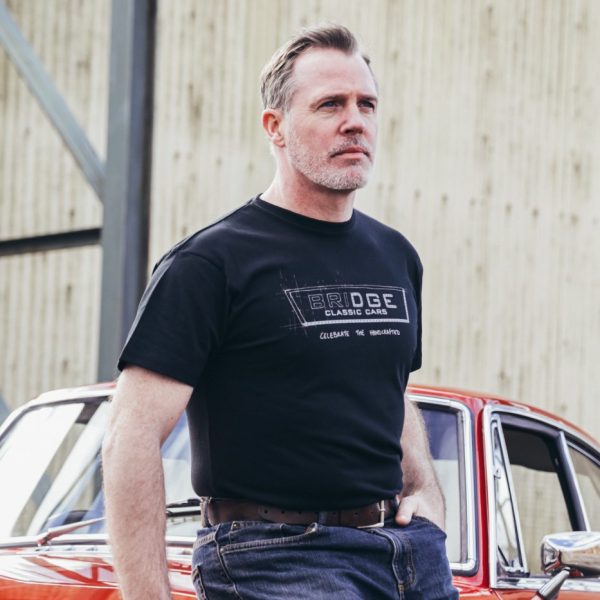Limited Edition Handprinted Bridge Classic Cars 'Blueprint' Black T-shirt with Grey Graphic