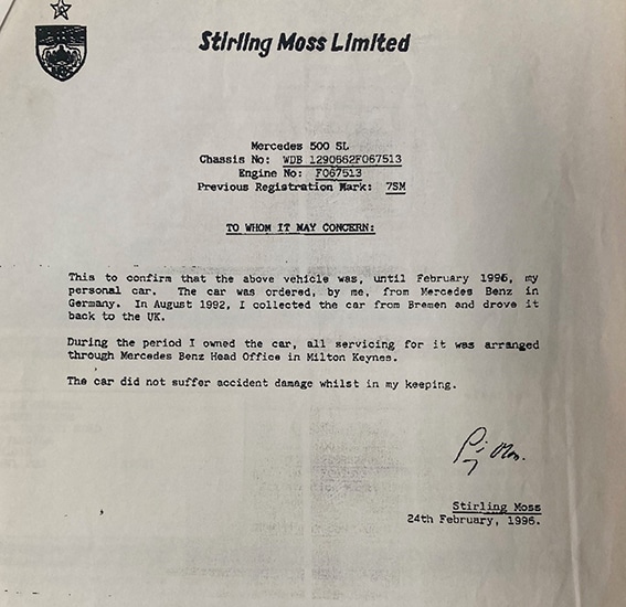 Sir Stirling Moss 500SL letter TN 1