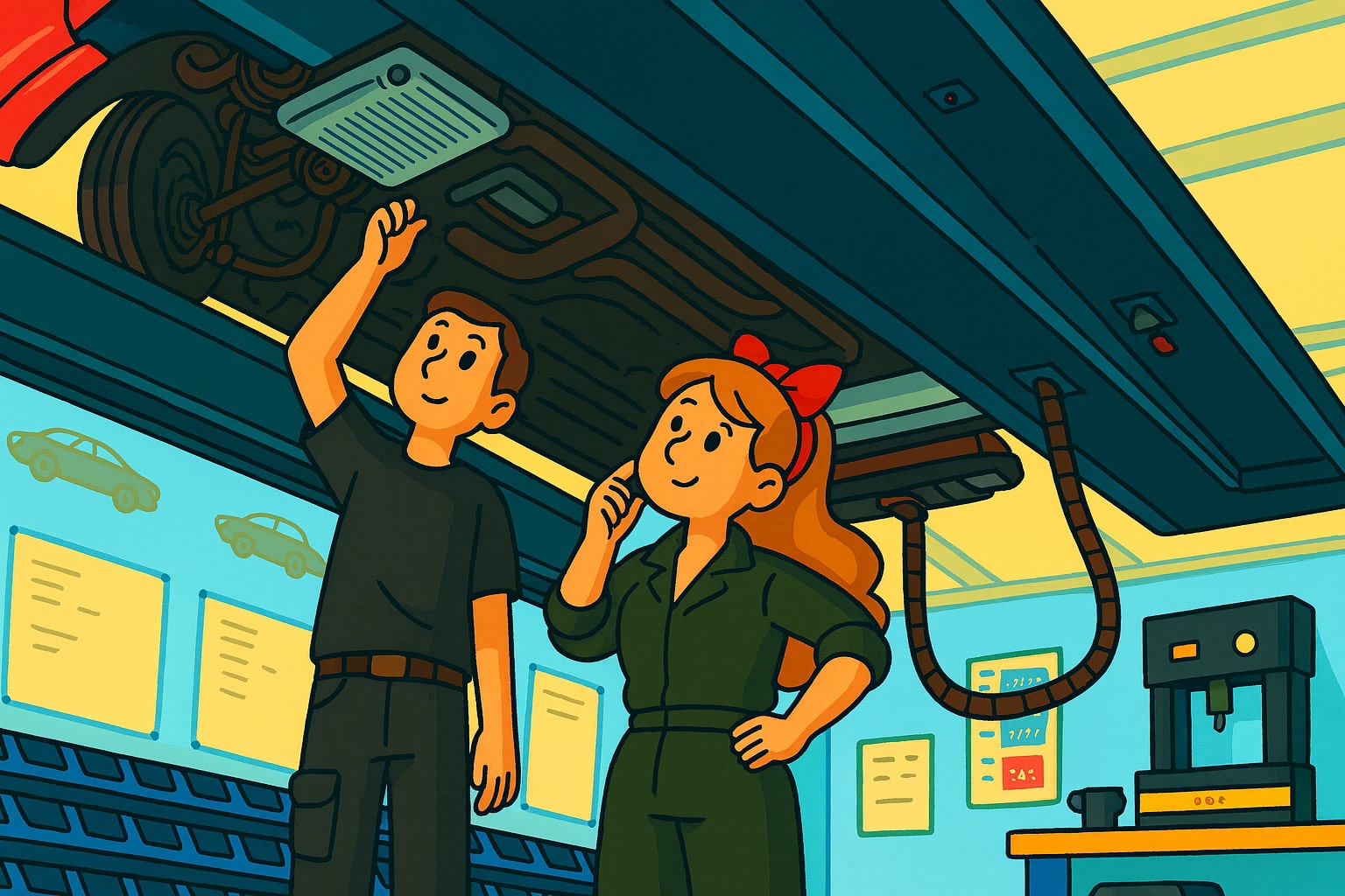 Molly and Ben under car