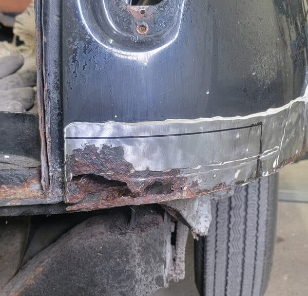 120526 1958 Rover 90 Driver Quarter Panel Rust Repair