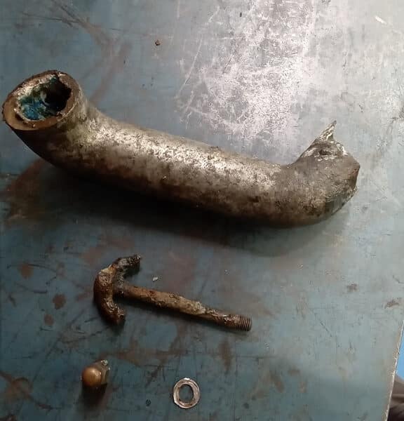 260526 1936 Riley Merline Nine Corroded Coolant Pipe and Retaining Bolt 2
