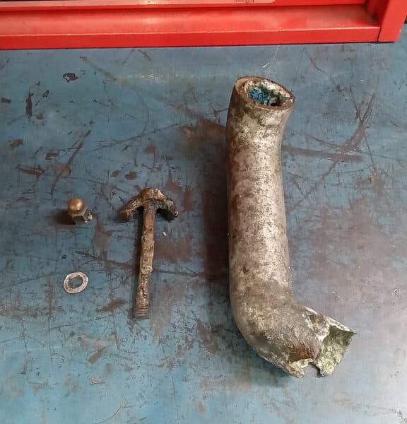 260526 1936 Riley Merline Nine Corroded Coolant Pipe and Retaining Bolt 4